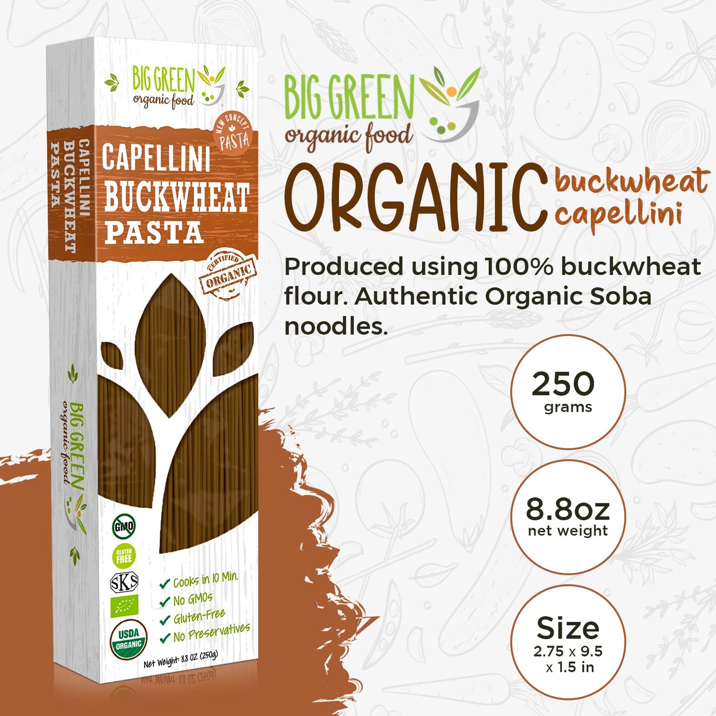 Big Green Organic Food- Organic Buckwheat Capellini, 8.8oz, 100% buckwheat, Gluten-Free, Non-GMO (3 Pack)