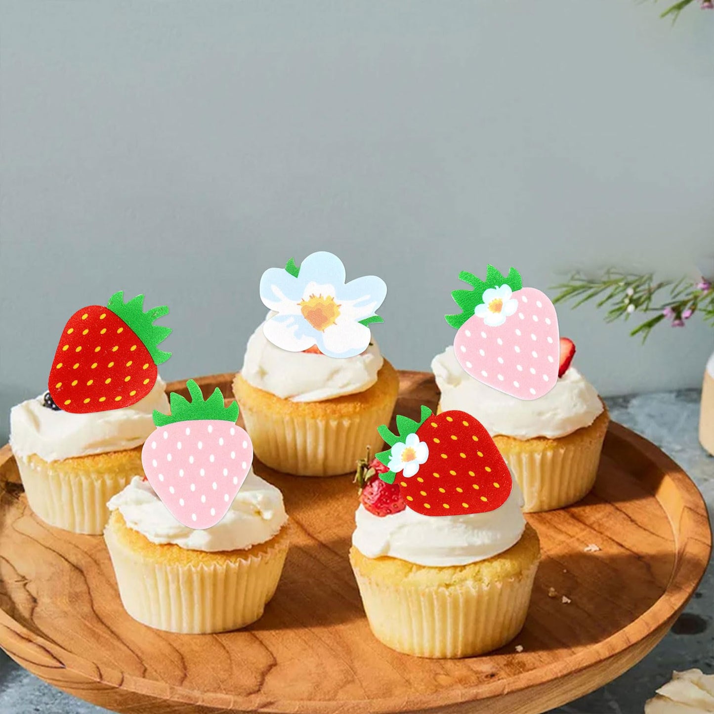 40 Pack Edible Strawberry Cupcake Toppers Starwberry Flower Bridal Engagement Baby Shower Birthday Party Drink Toppers Anniversa
