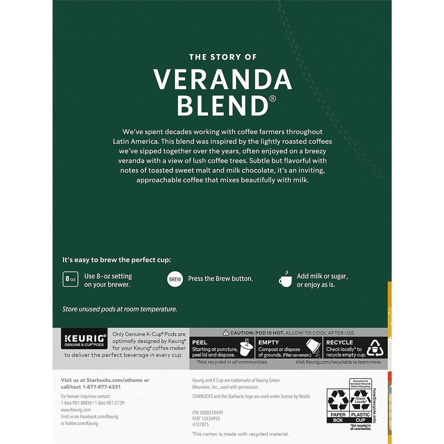 Starbucks K-Cup Coffee Pods, Starbucks Blonde Roast Coffee, Veranda Blend For Keurig Malt-Inspired, 100% Arabica, 1 Box (24 Pods)