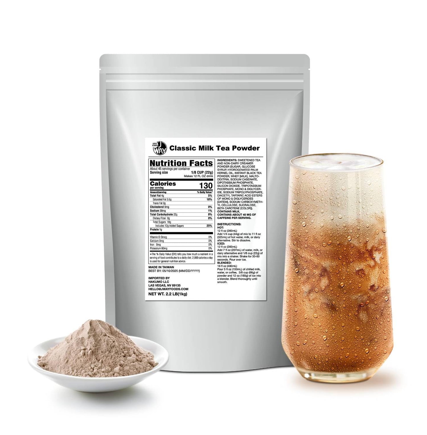 J WAY Classic Milk Tea 2.2 Lb (1 Count), Powdered Instant Milk Tea Drink Mix, Serve Hot or Cold, Makes Blended Frappe Drinks
