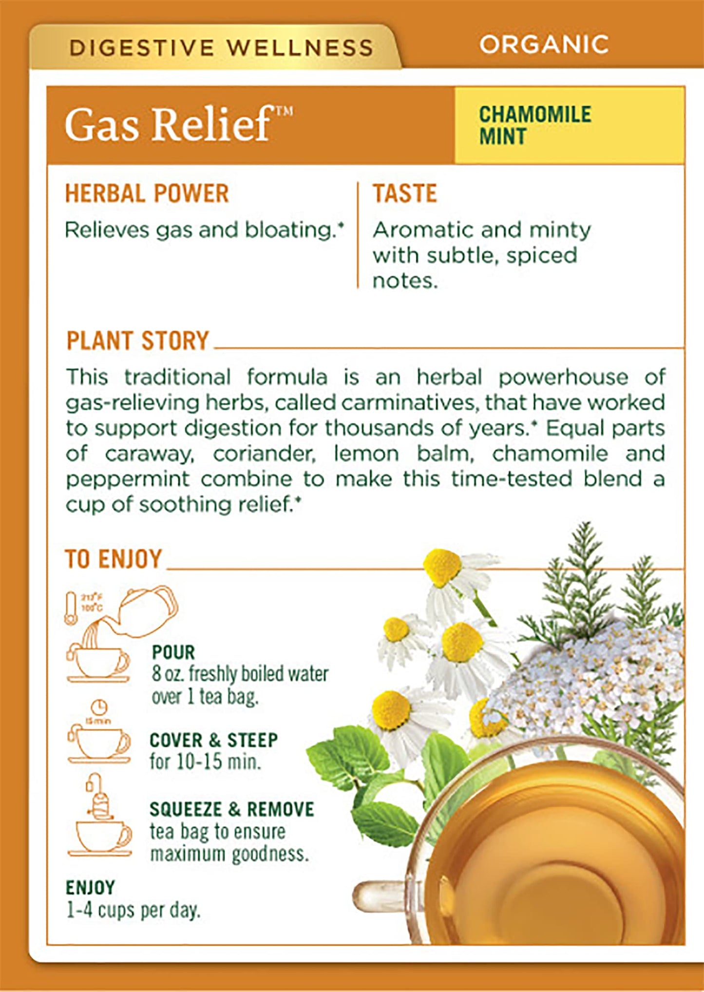 Traditional Medicinals Organic Gas Relief Chamomile Mint Herbal Tea, Relieves Gas & Bloating, (Pack Of 3) - 48 Tea Bags Total