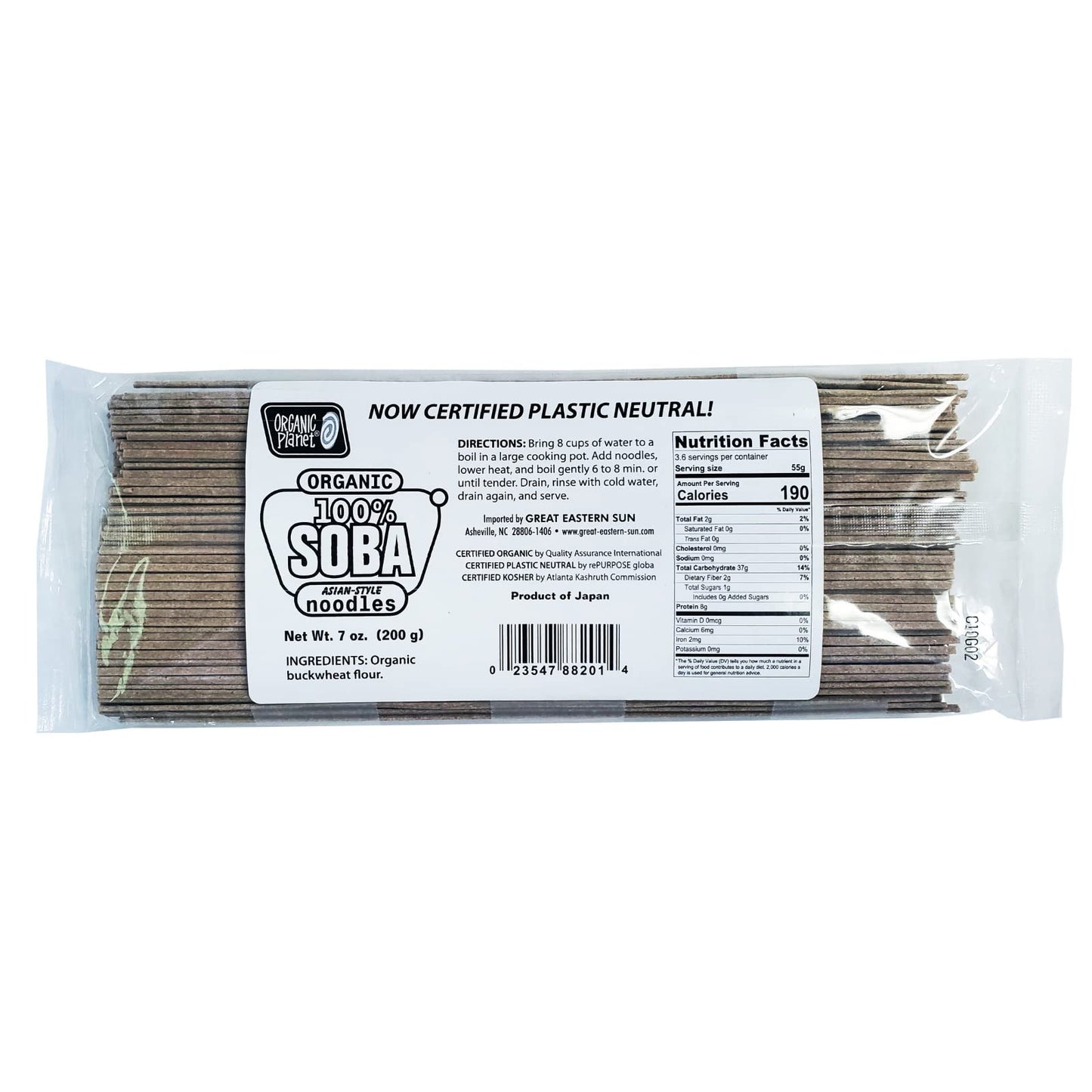 Organic Planet Japanese Soba Noodles, 100% Buckwheat Noodles, Salt-Free Asian Pasta, Organic, Kosher, Made In Japan, 7 Oz Pack