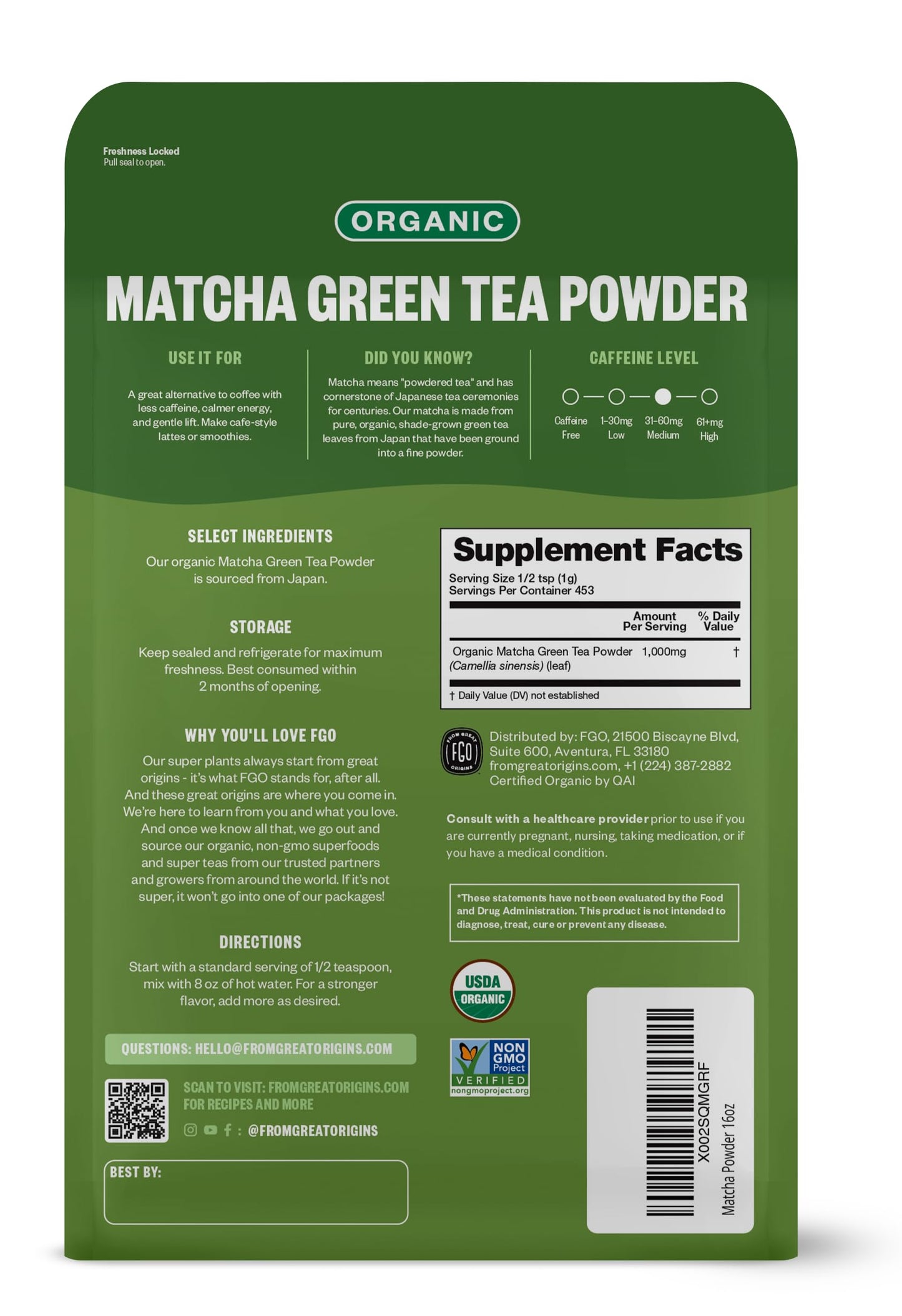 Fgo Organic Matcha Green Tea Powder, Japanese Culinary Grade, Resealable Kraft Bag, 16Oz, Packaging May Vary (Pack Of 1)
