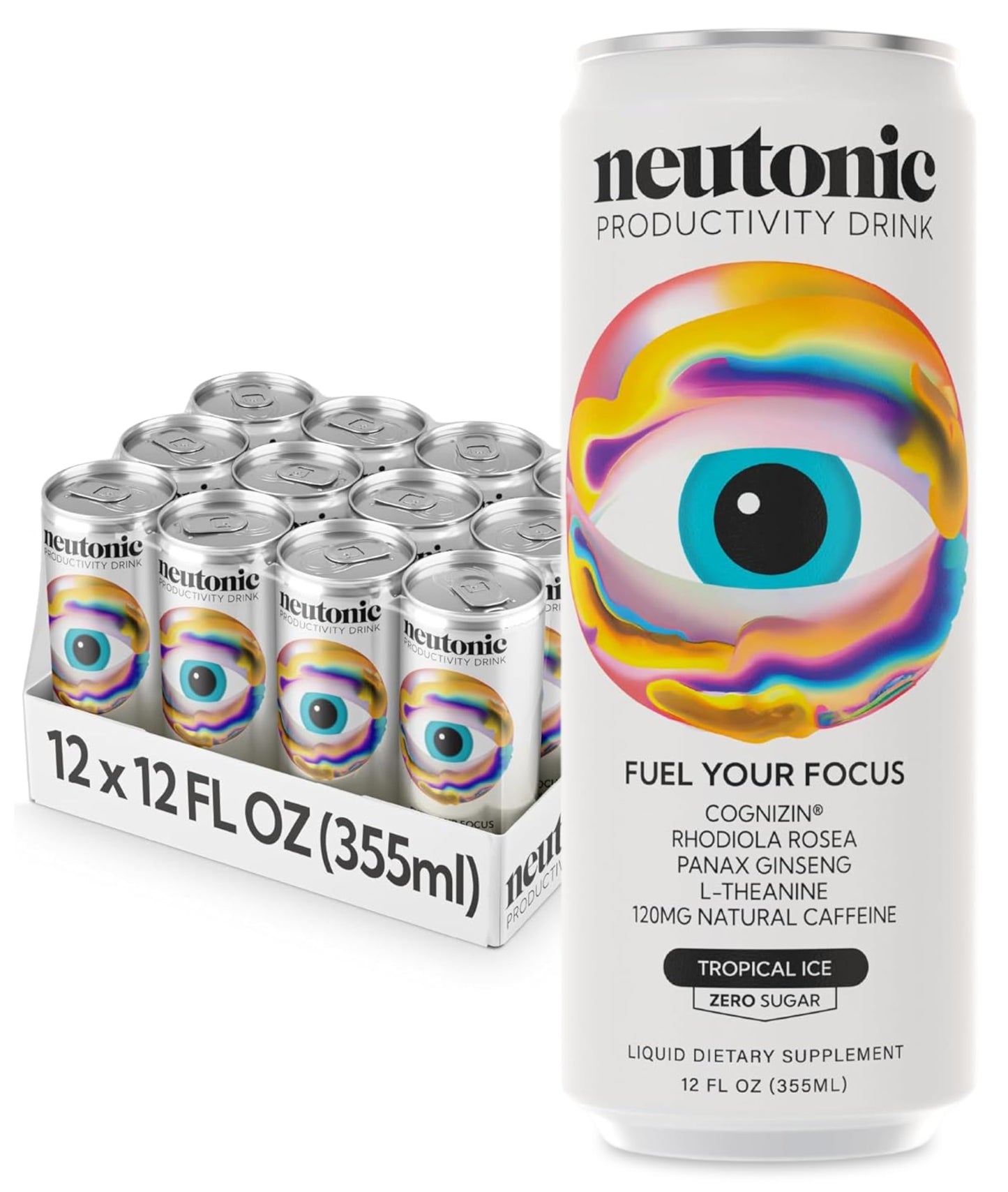Neutonic Nootropic Energy Drink | Tropical Ice | 12 Cans | 120mg Caffeine, Zero Sugar | Boosts Focus & Memory