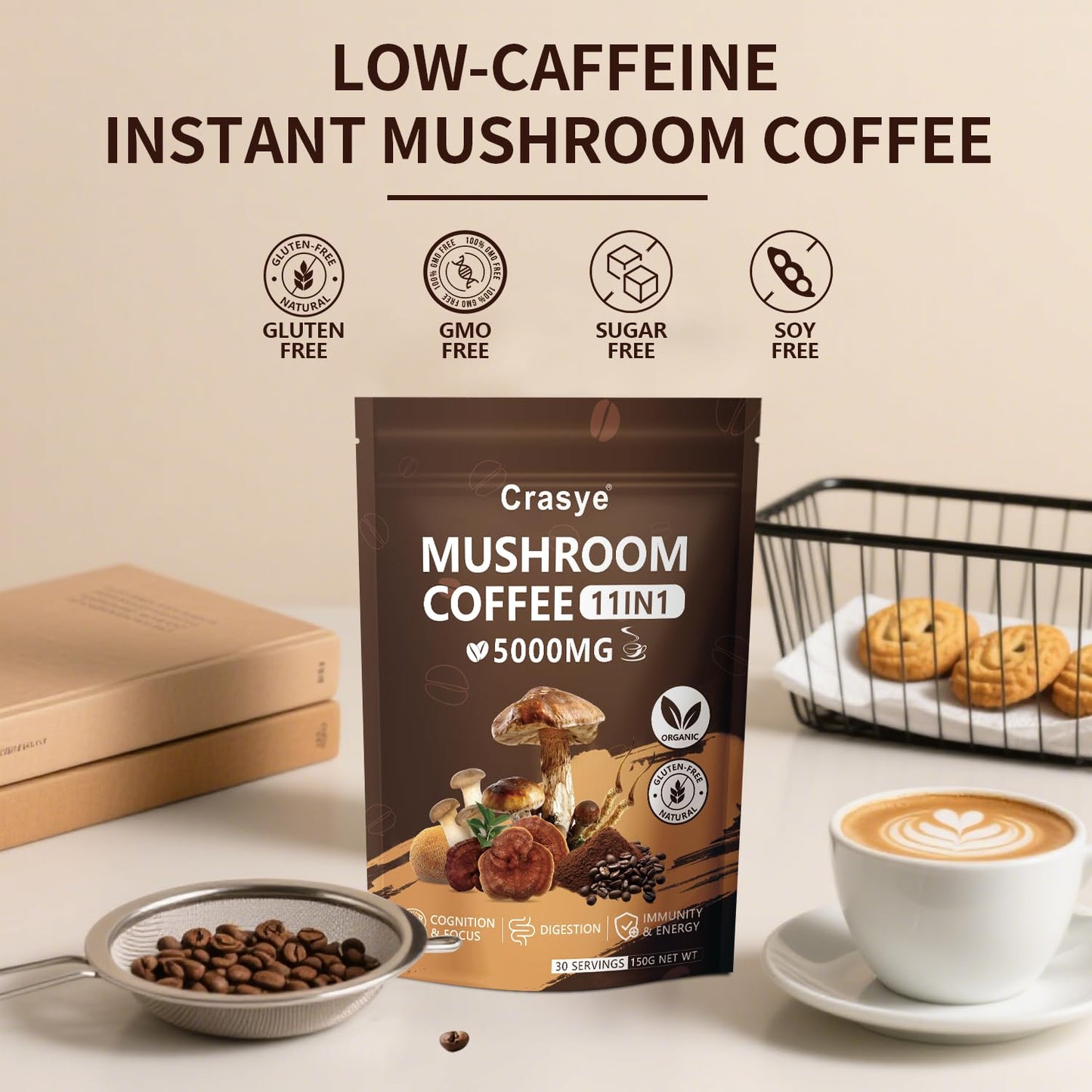 Organic Low Caffeine Mushroom Coffee 11 Superfood Instant Mushrooms Coffee with Ashwagandha  Shilajit  Lions Mane  Reishi  Chaga & Collagen Arabica Coffe Powder Ground for Focus  Energy  Digestion and Immunity 30 Servings Cafe De Hongos