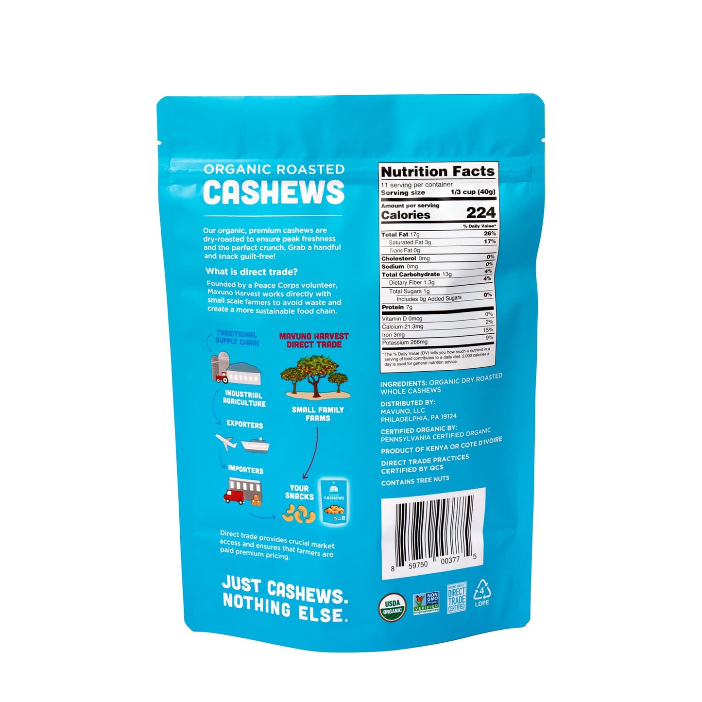 Mavuno Harvest Organic Direct Trade Premium Whole Cashews, Dry Roasted Cashews, 1 Pound