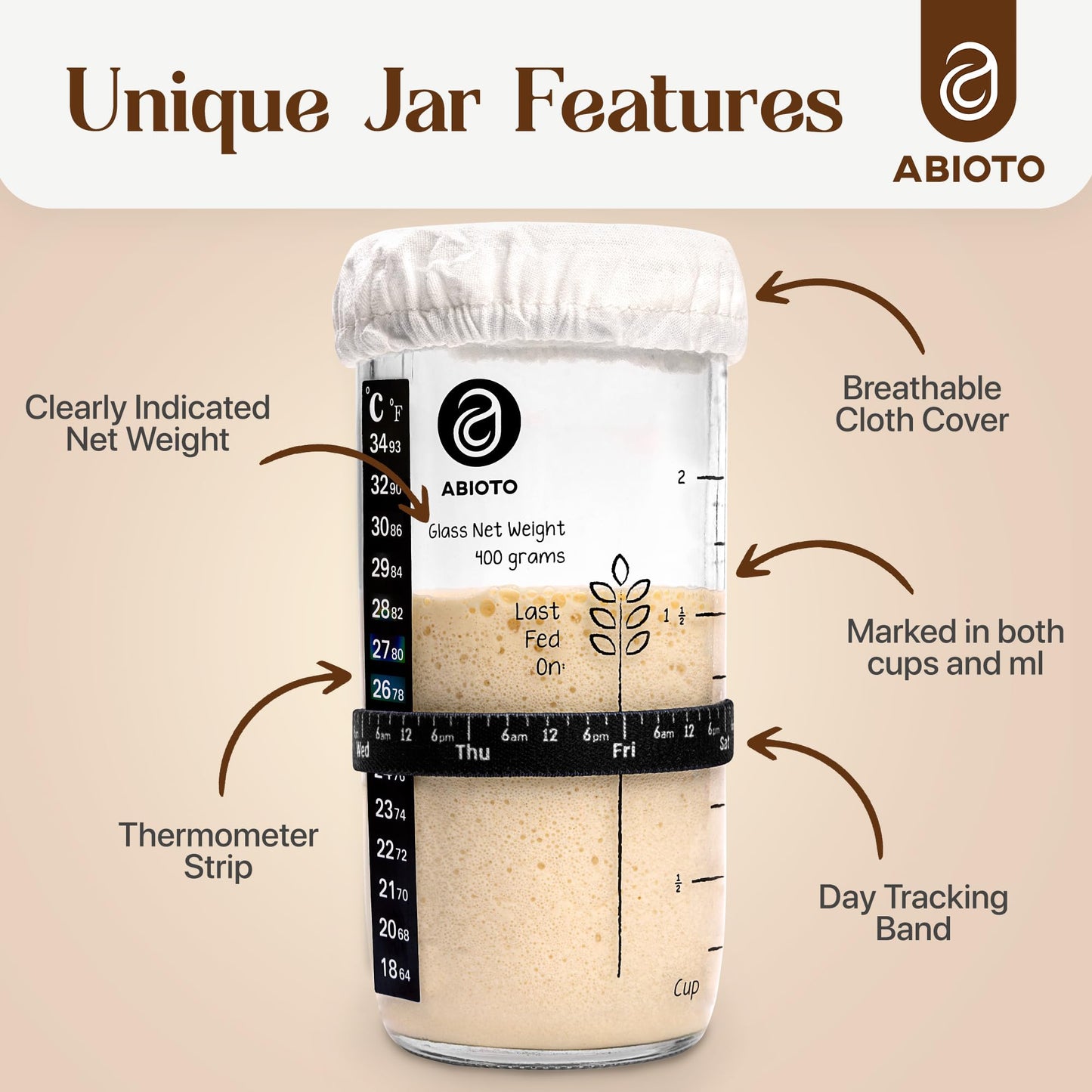 ABIOTO Sourdough Starter Kit  Includes 24 oz Sourdough Starter Jar with Metallic Lid  Silicone Spatula  Feeding Tracker  Extra Thermometer Strips & Breathable Covers - Sourdough Bread Starter Kit