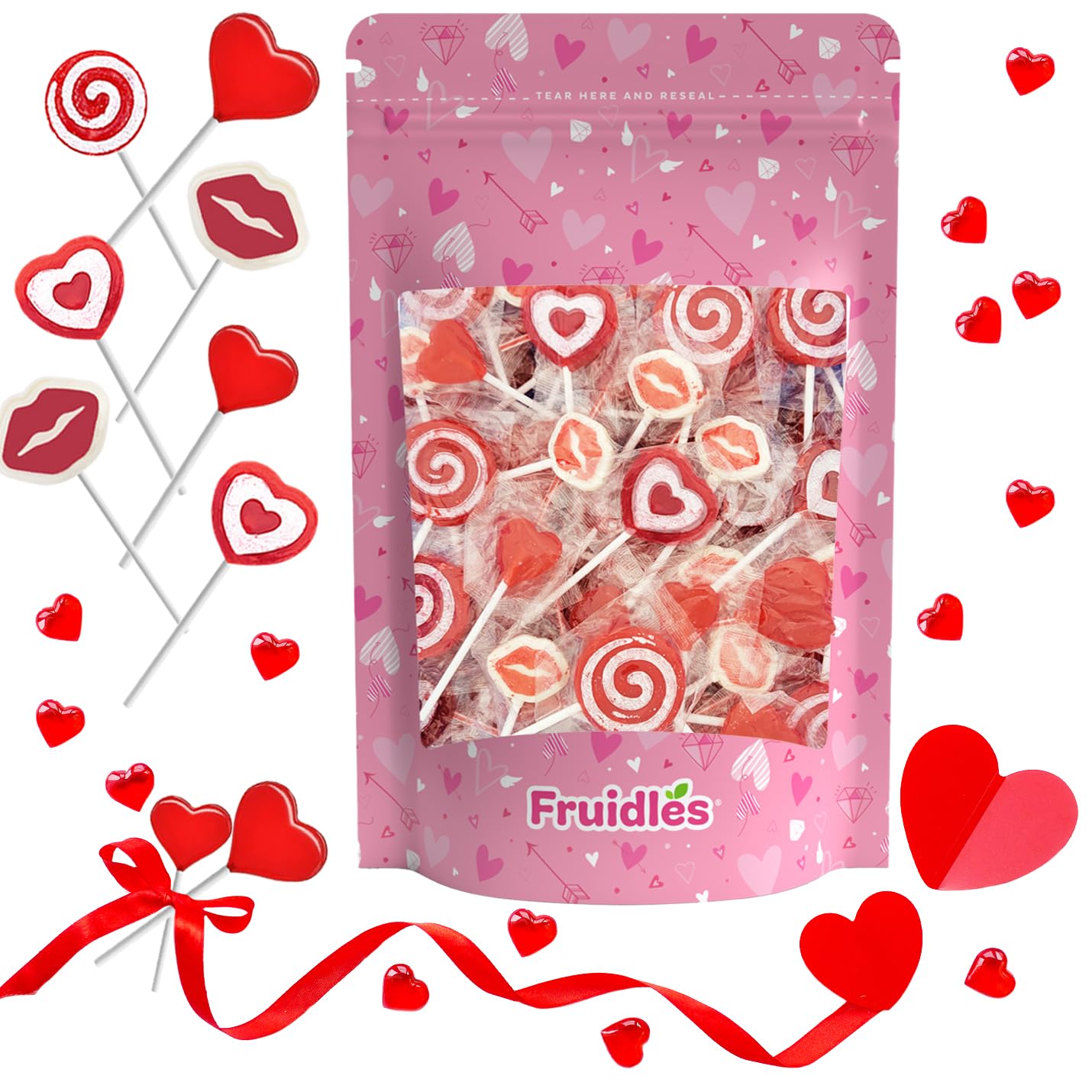 Fruidles Valentines Lollipop Party Mix, Hearts & Lips, Mixed Fruit Flavor, 0.5 Pound Assortment