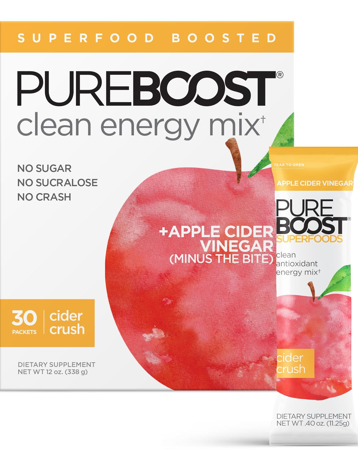Pureboost Clean Energy Booster Drink Mix, Sugar-Free, 30 Servings, with Apple Cider Vinegar (Cider Crush)
