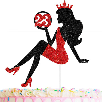 23 Red & Black Sitting Girl Silhouette Cake Topper Decorations With Glamour For Lady 23 Birthday Theme Queen Sexy Party Decor Su