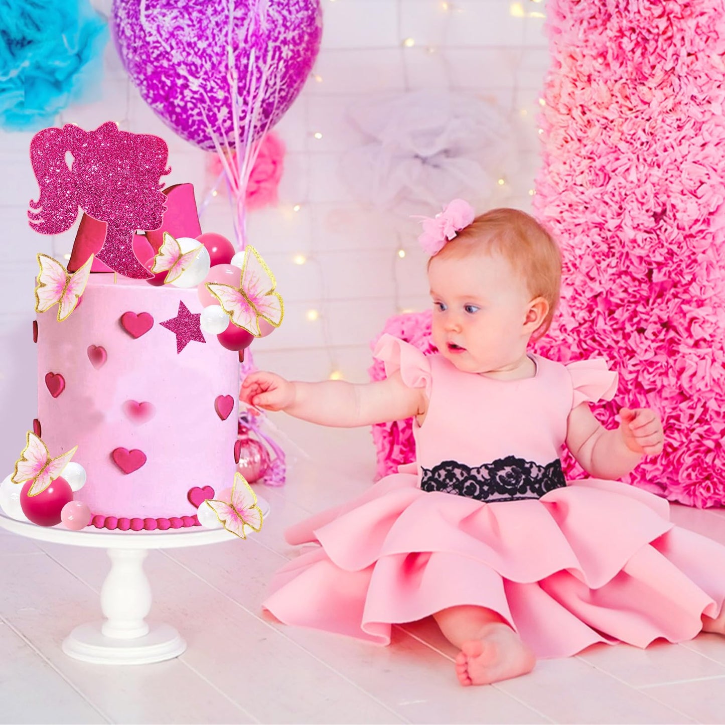 Memovan Hot Pink Girl Cake Toppers 27Pcs Pink Ball Butterfly Cake Decoration Girl Theme Cake Decoration For Boho Girl Hot Pink P