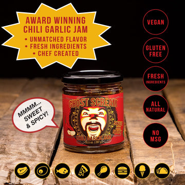 Ghost Scream Hot Sauce - Chili Garlic Jam    (Sweet, Spicy & Smoky) - This Award Winning Recipe (from a World Renowned Chef) Com