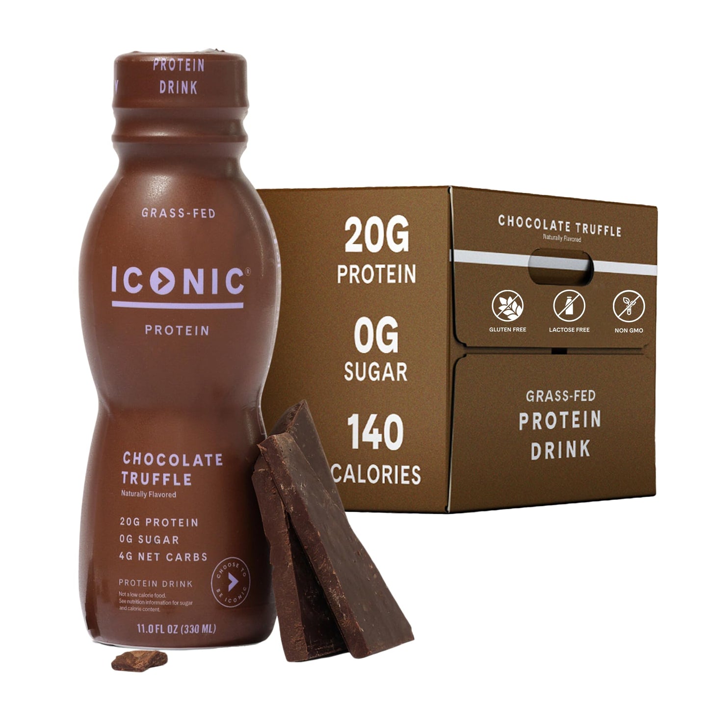 Iconic Protein Drinks, Chocolate Truffle (12 Pack) - Sugar Free & Low Carb - 20g Grass Fed Protein - Lactose Free, Gluten Free, 