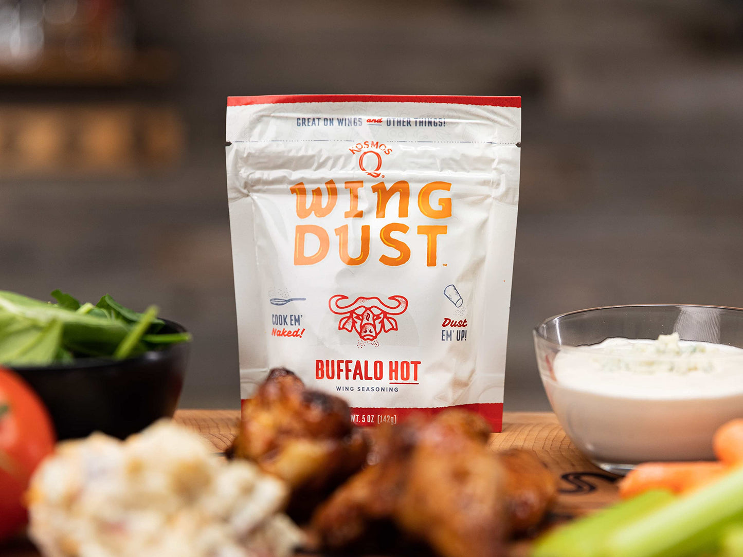 Kosmos Q Hot Buffalo Wing Dust - 5 Oz Bag For Wings, Popcorn & More - Hot Smoky Buffalo Bbq Wings Dry Rub With Cayenne, Blue Che