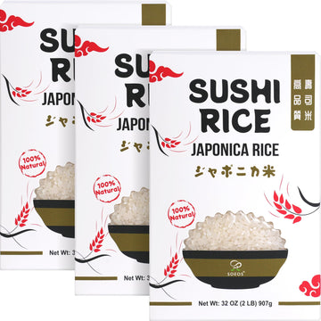 Soeos Sushi Rice 2 Pound (Pack of 3), Short Grain Japonica Rice, Perfect for Sushi Rolls and Mochi, Gluten-Free
