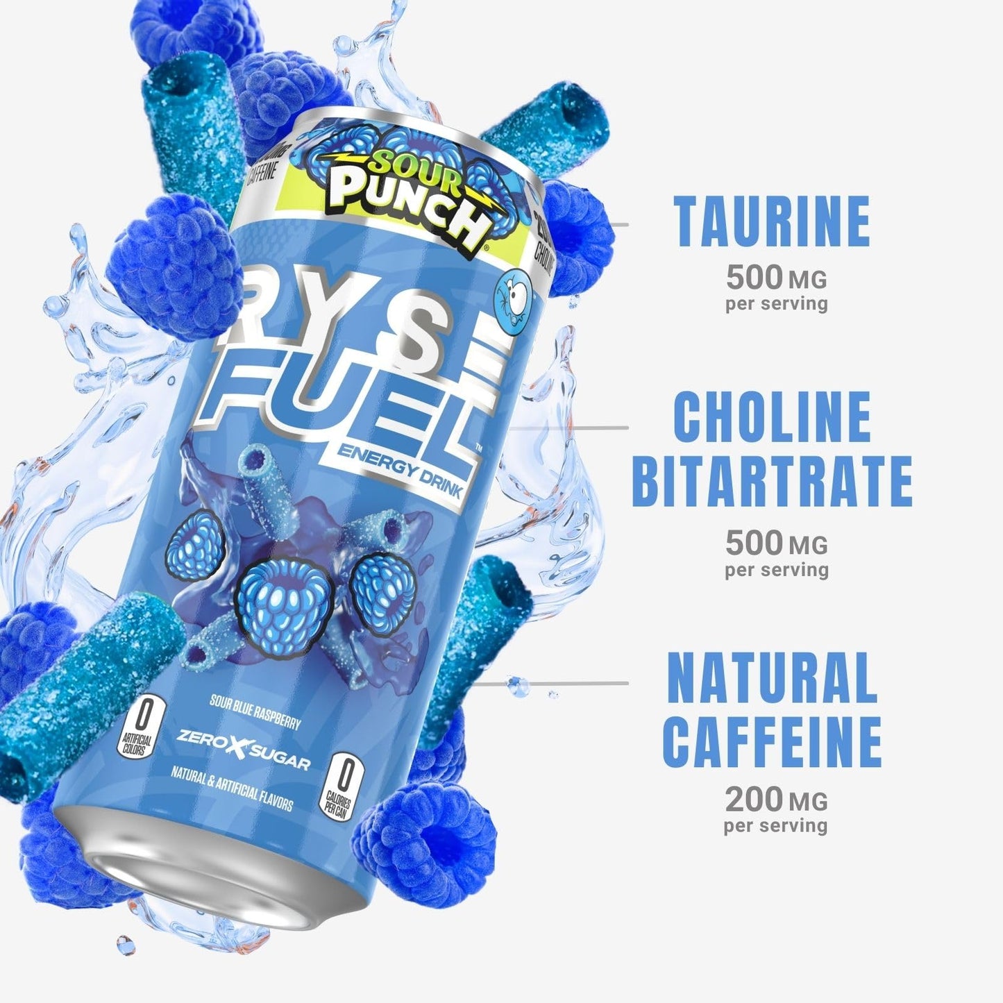 RYSE Fuel Energy Drink - Sour Punch Blue Raspberry - Sugar Free, Vegan - 200mg Natural Caffeine - 16 fl oz Cans (12-Pack)