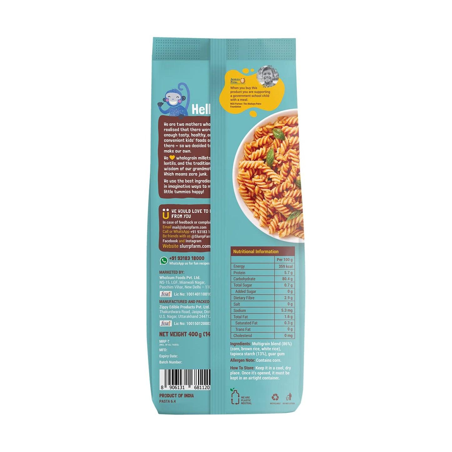 Slurrp Farm No Maida Mini Fusilli Pasta | Gluten Free & Multigrain | Healthy Pasta Made With Brown Rice And Corn | 400 G