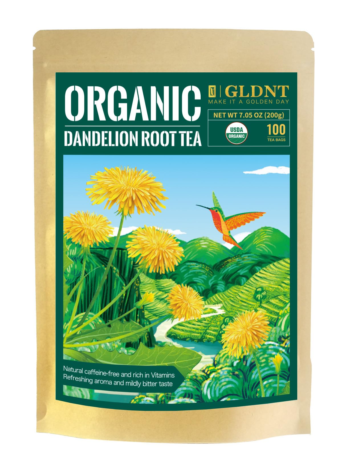 Gldnt Organic Dandelion Root Tea Bags, Enhanced Organic Raw Dandelion Root Tea, Smooth Taste, Caffeine Free, 100 Count