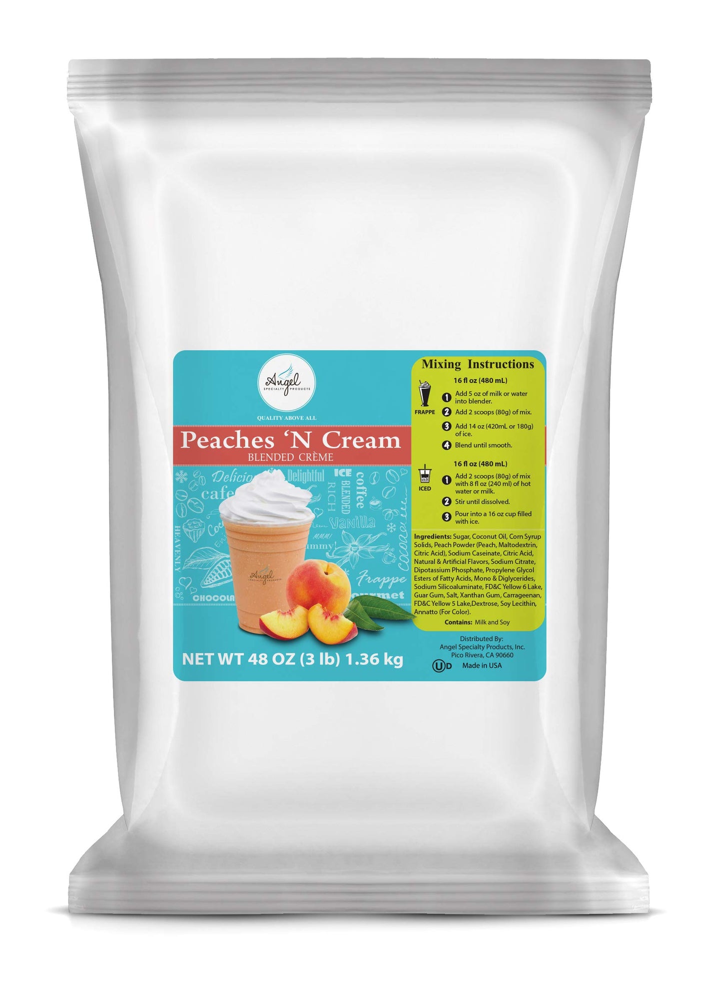 Angel Specialty Products, Blended Smoothie, Frappe Powder Mix, Peaches ‘N Cream [3 Lb] [34 Servings]