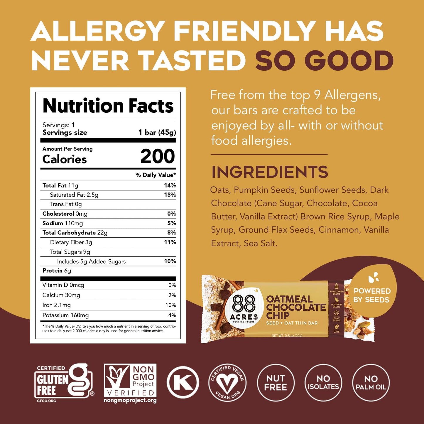 88 Acres Granola Bars - Oatmeal Chip, Gluten Free, Nut-Free, Vegan, 6 Count, Brown/White