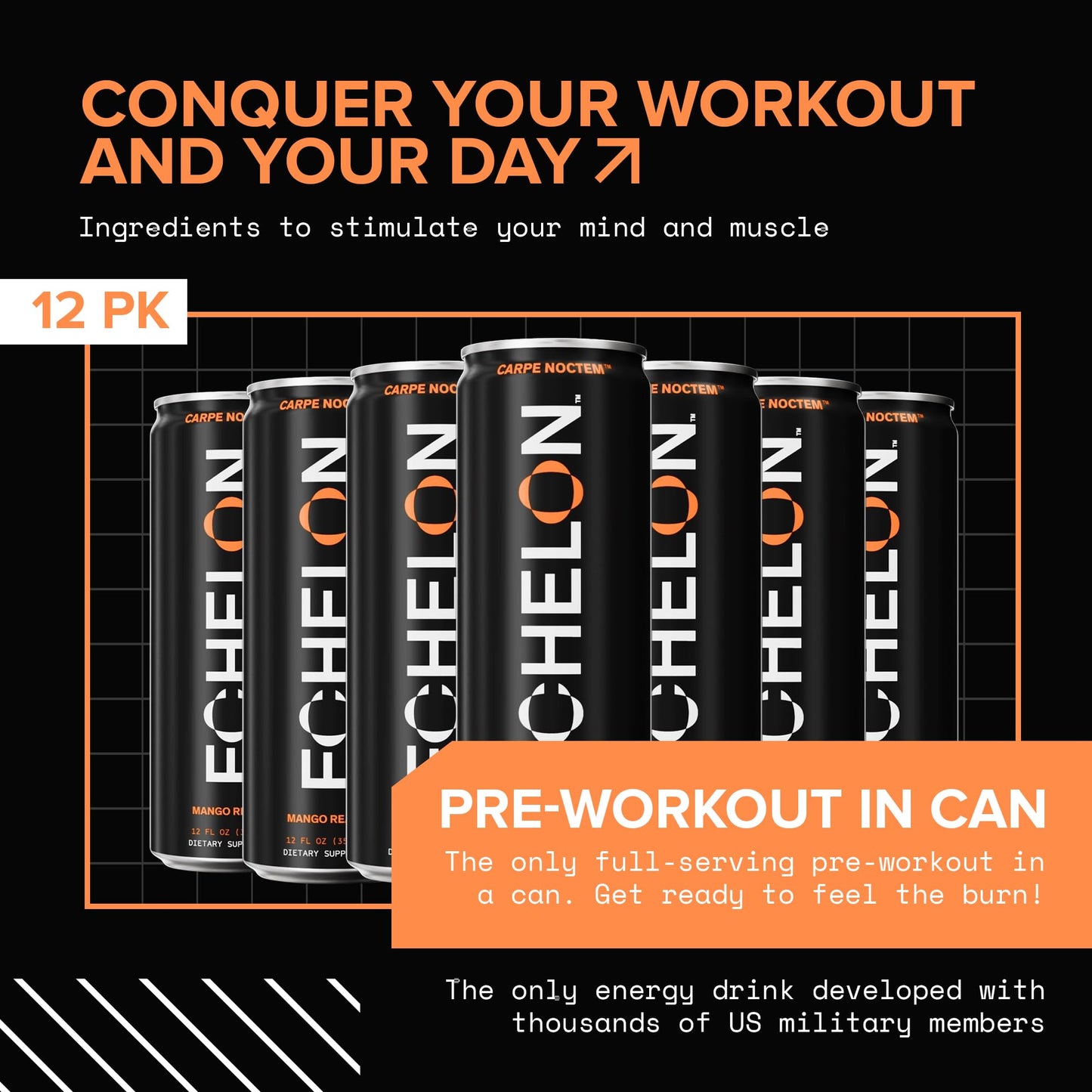 Echelon Pre-Workout Energy Drink - 12-Pack  Mango Reaper - Peak Performance  Sustained Energy  Focus and Endurance Dietary dietary product - 300mg of Caffeine  Beta-Alanine  L-Theanine & Fiber - Vegan