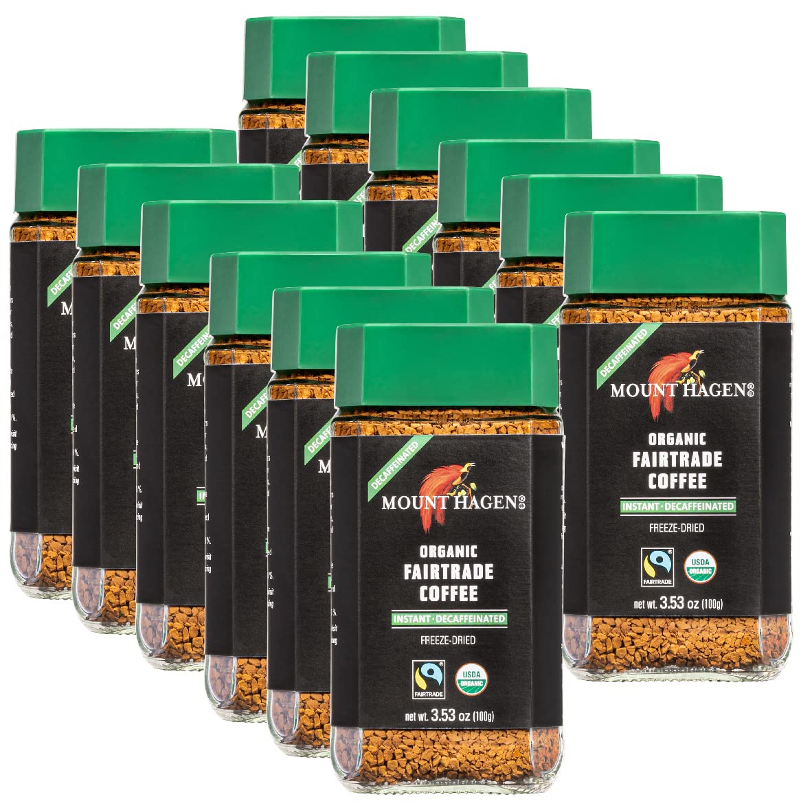 Mount Hagen Organic Freeze Dried Instant Decaf Coffee, 3.53oz Jar, 12 Pack, Fair-Trade, Eco-Friendly, Medium Roast Arabica Beans