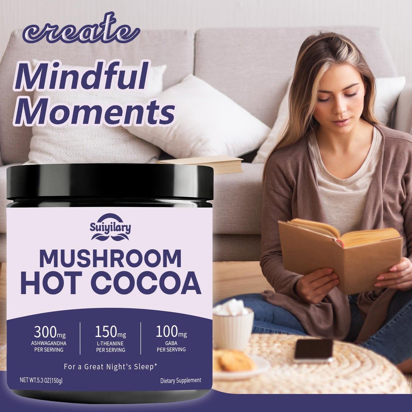 10 Mushroom Hot Cocoa for Sleep, Sugar Free Keto Cocoa Powder, Nighttime Drink,100mg Magnesium Glycinate, 100mg Gaba, 150mg L-Th