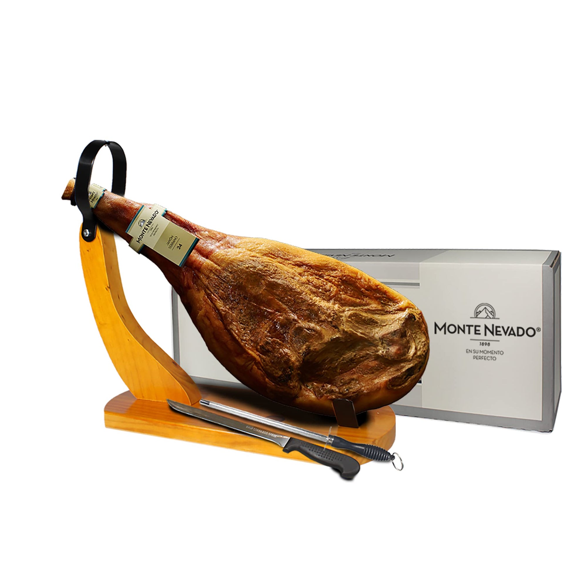 Monte Nevado Serrano Ham - 16 lb Min Weight, 24 Months Cured, 4 Piece Set, Cured Ham, Includes Ham Stand and Knife
