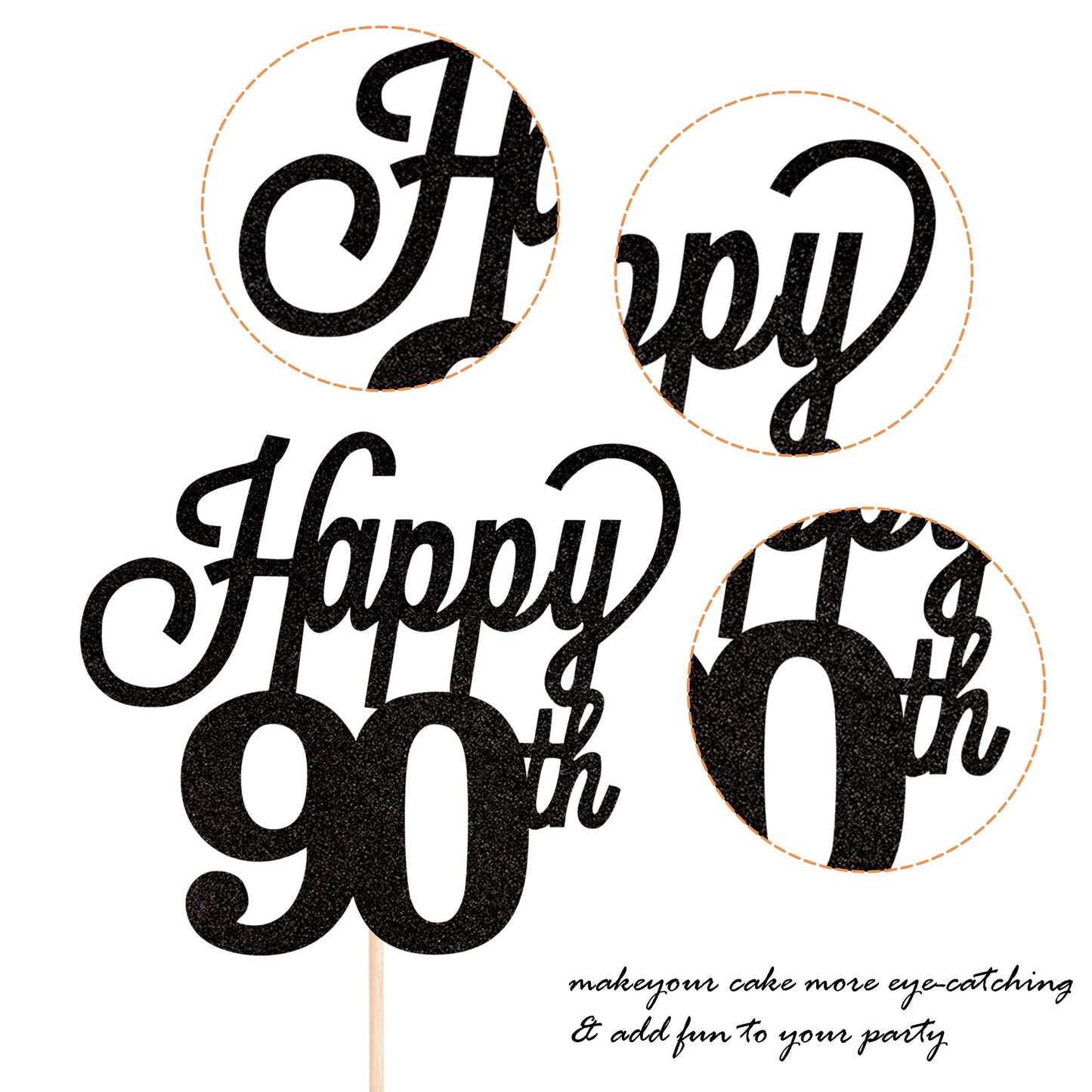 YCTHUNFISH 90th Birthday Cake Topper Black Glitter Bamboo Decoration for 90th Anniversary Party Supplies