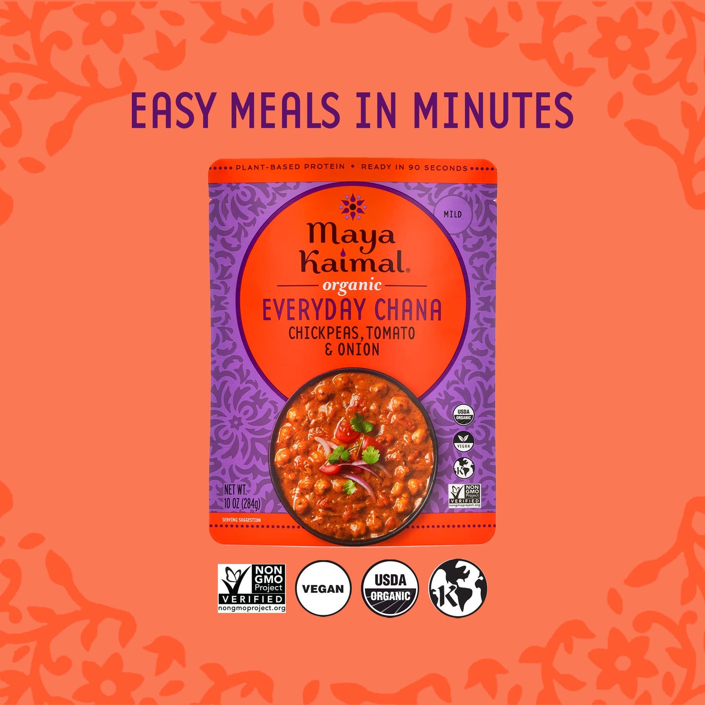 Maya Kaimal Foods - Organic Indian Everyday Chana - 10oz - Fully Cooked with Chickpeas, Tomato & Onion - Vegan - Microwavable -