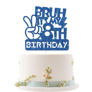 Embhhor Bruh It's My 8th Birthday Cake Topper, Dude Bro I'm 8, Boys Happy Birthday Cake Decor, Blue Glitter