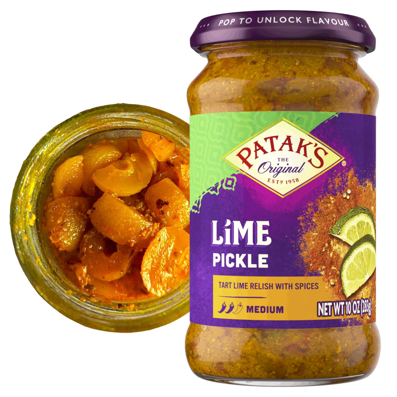 Pataks Medium Lime Pickle - Authentic Indian Relish w/Lime Dices, Mustard Seeds & Aromatic Spices - Perfect for Sandwiches, Curr