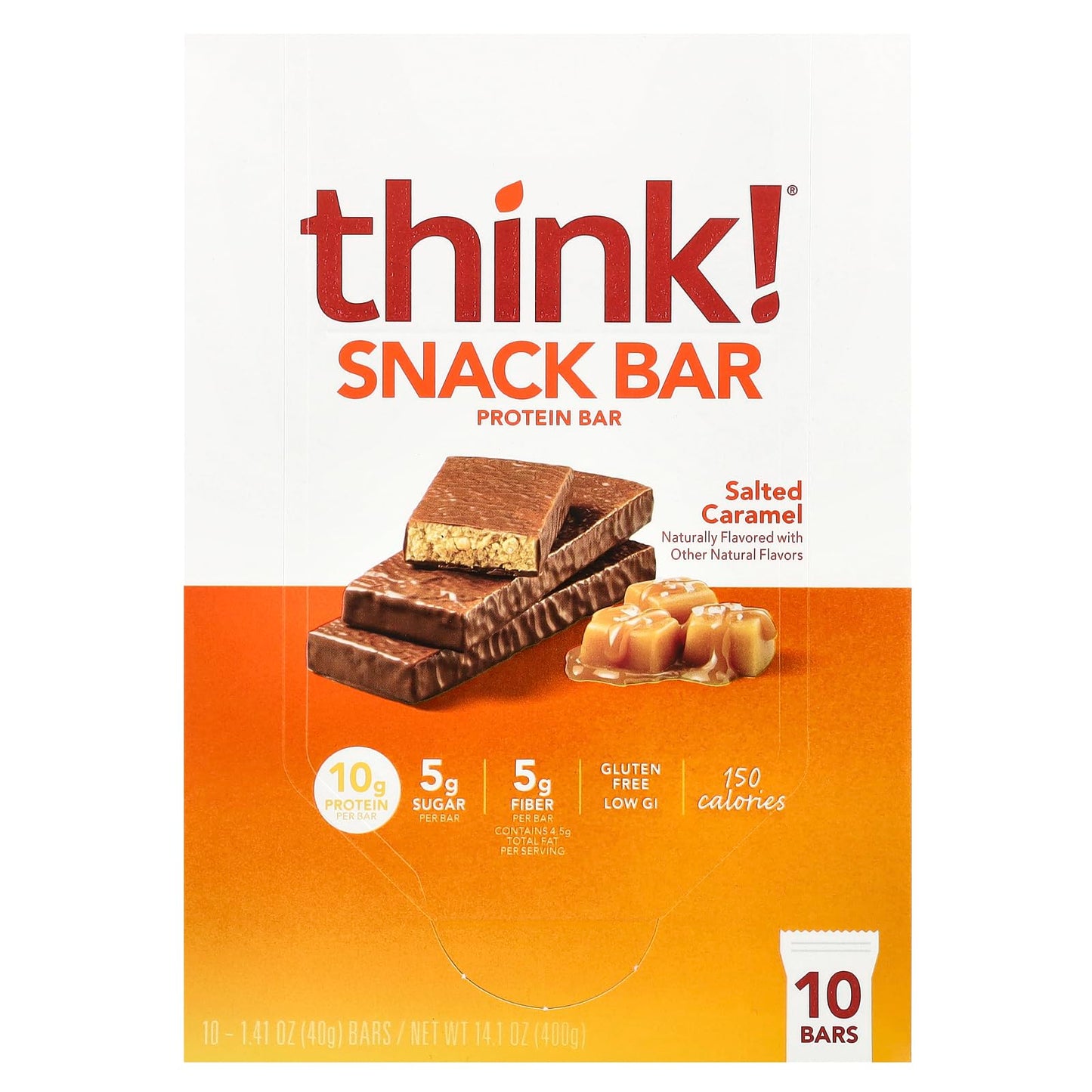 think! (thinkThin) Protein+ 150 Calorie Bars - Salted Caramel, 10g Protein, 5g Sugar, No Artificial Sweeteners**, Gluten Free, GMO Free*, 1.4 oz bar (10 Count - Packaging May Vary)