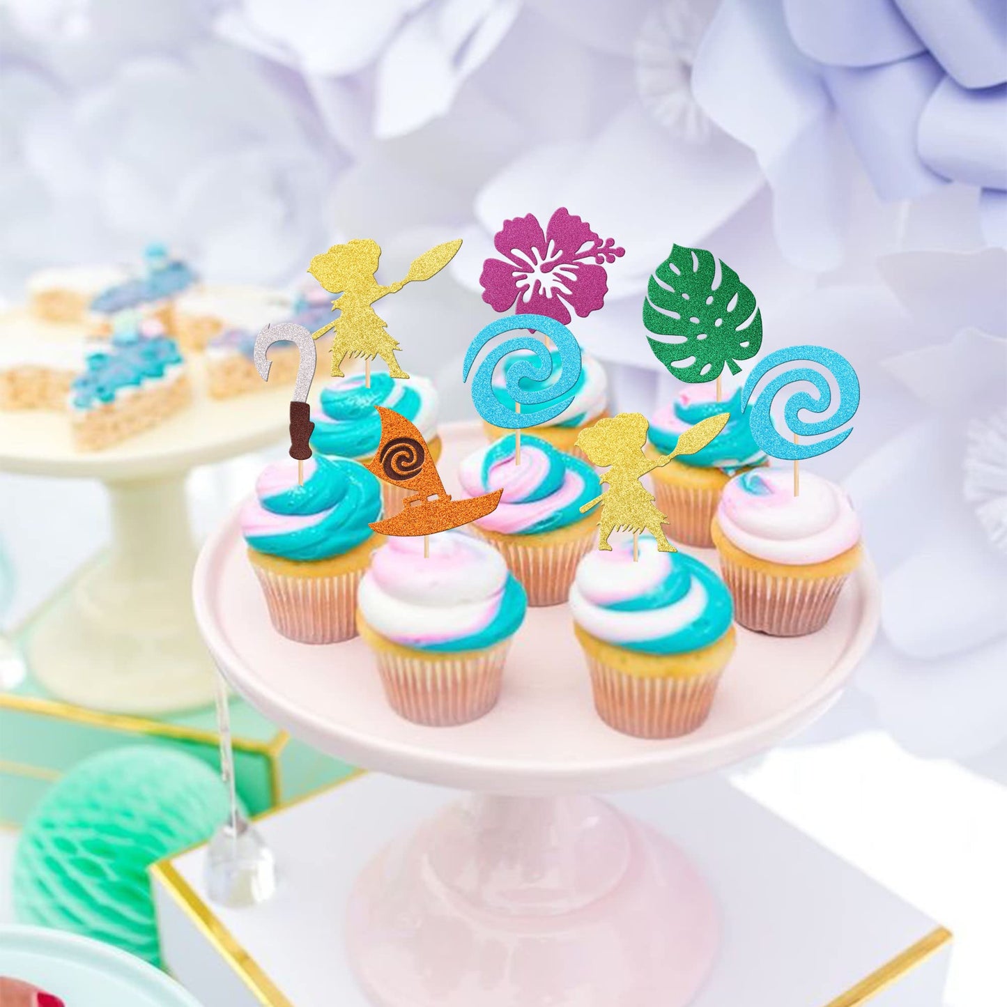 24 Pcs Moana Inspired Cupcake Toppers Assembled Glitter Palm Leaf Flower Moana Cupcake Picks For Tropical Hawaiian Luau Theme Ba