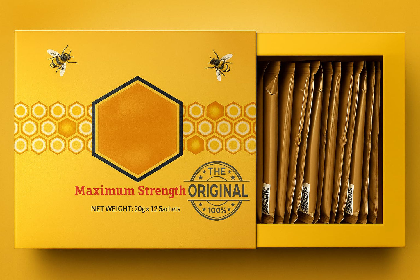 Natural Unflitered Honey Sachets Enriched with Natural Jelly Large Gold Box with 20g Sachets 12 count | Miel para hombre y mujer