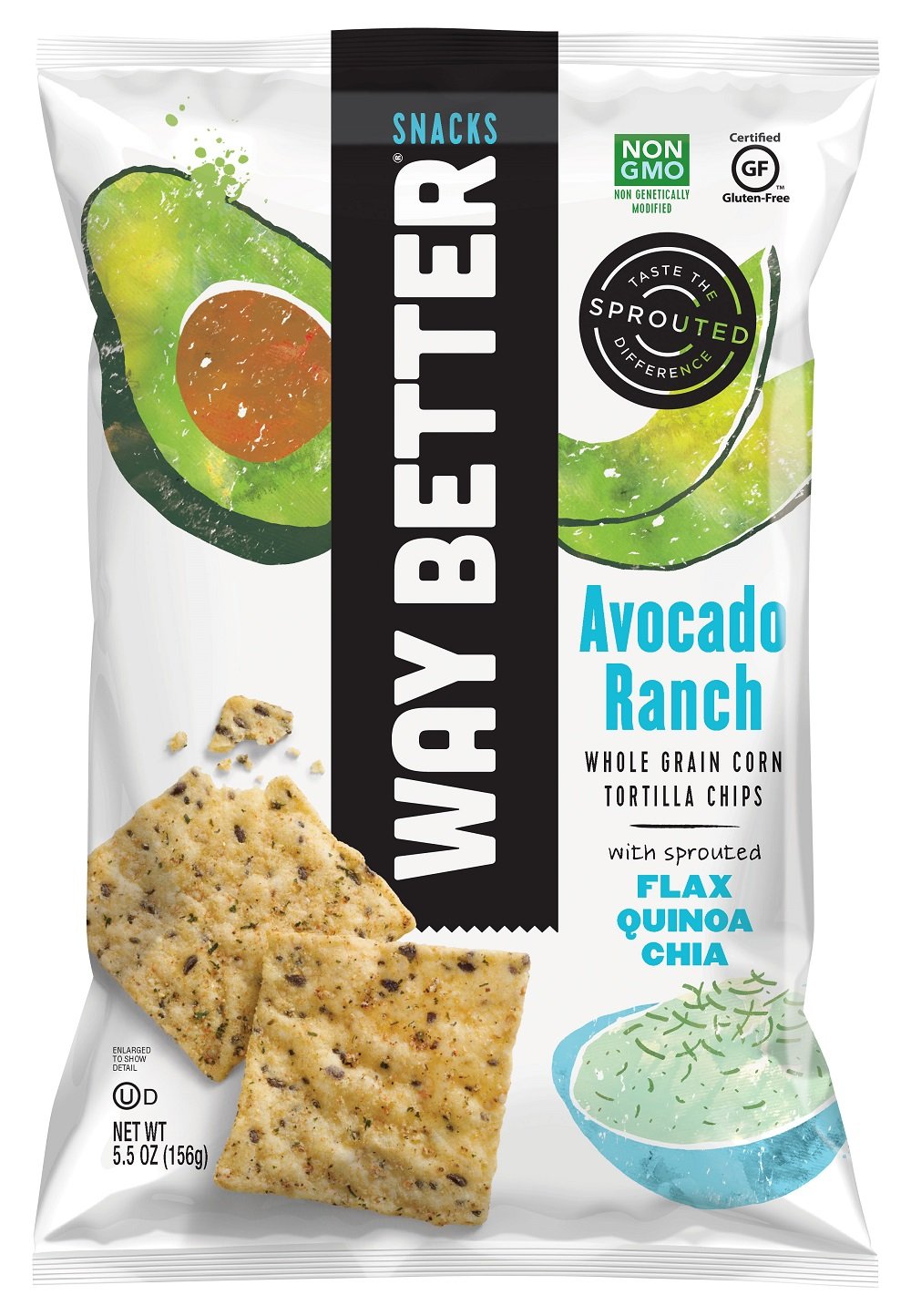 Way Better Snacks Sprouted Gluten Free Whole Grain Corn Tortilla Chips, Avocado Ranch, 4 Count
