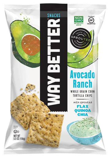 Way Better Snacks Sprouted Gluten Free Whole Grain Corn Tortilla Chips, Avocado Ranch, 4 Count