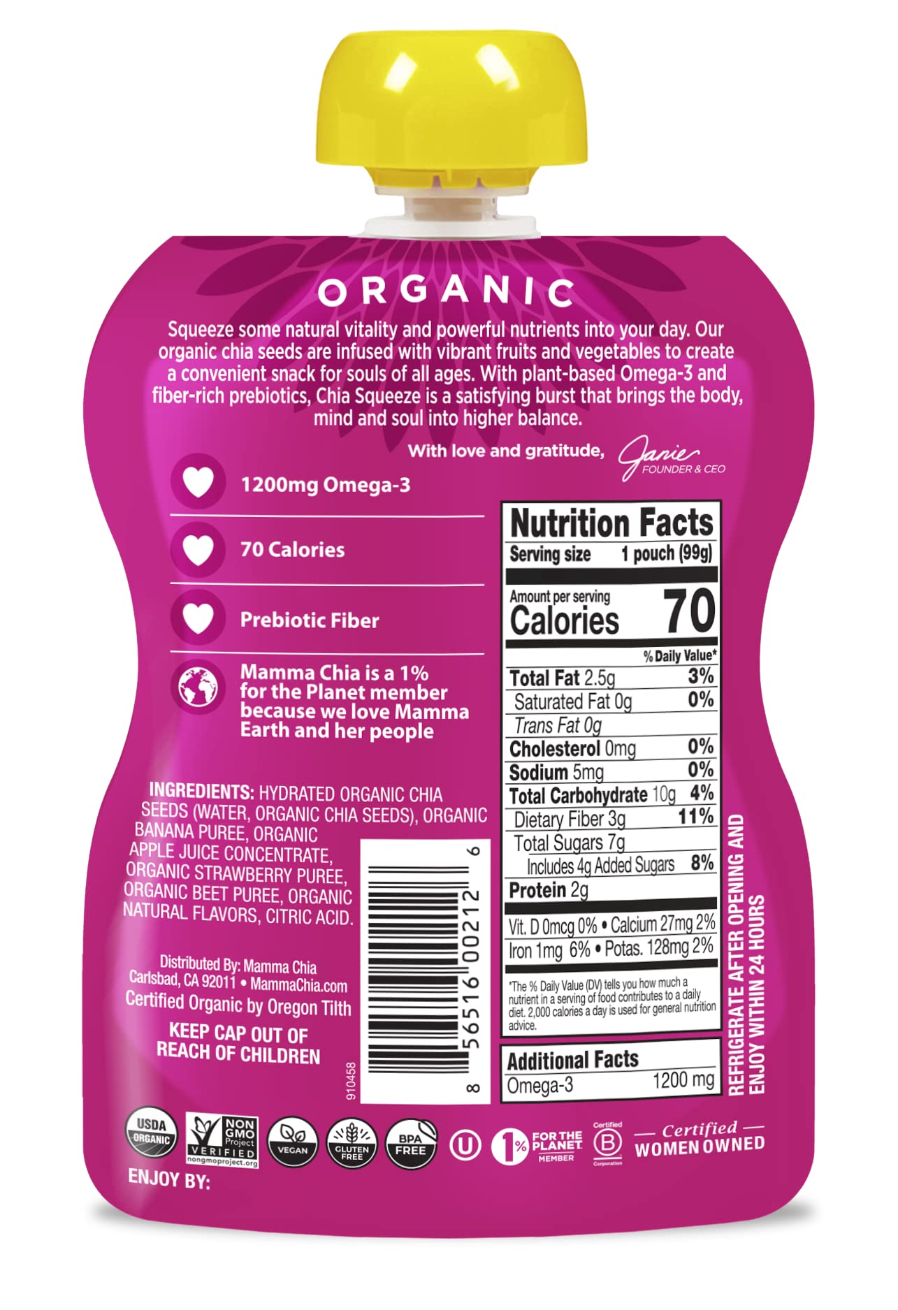 Mammachia Chia Squeeze Strawberry Banana Vitality Snack, Vegan Friendly, Kosher, USDA Certified Organic, Gluten Free & Non-GMO,