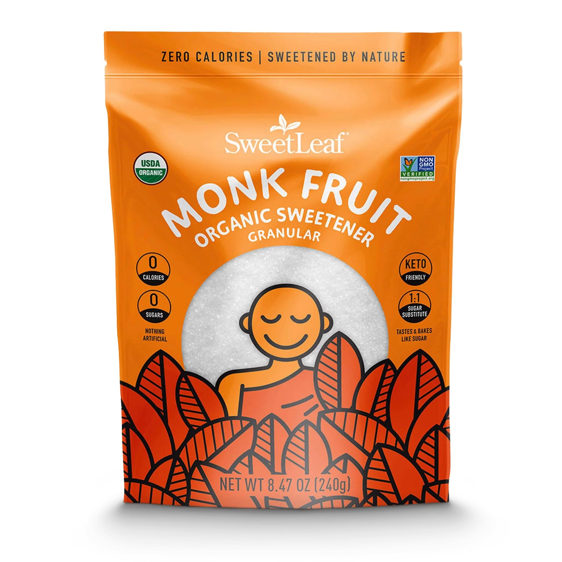 SweetLeaf Organic Monk Fruit Sweetener Granular, Keto Friendly, Sugar Free, 8.47 Oz Bag (Pack of 6), Natural