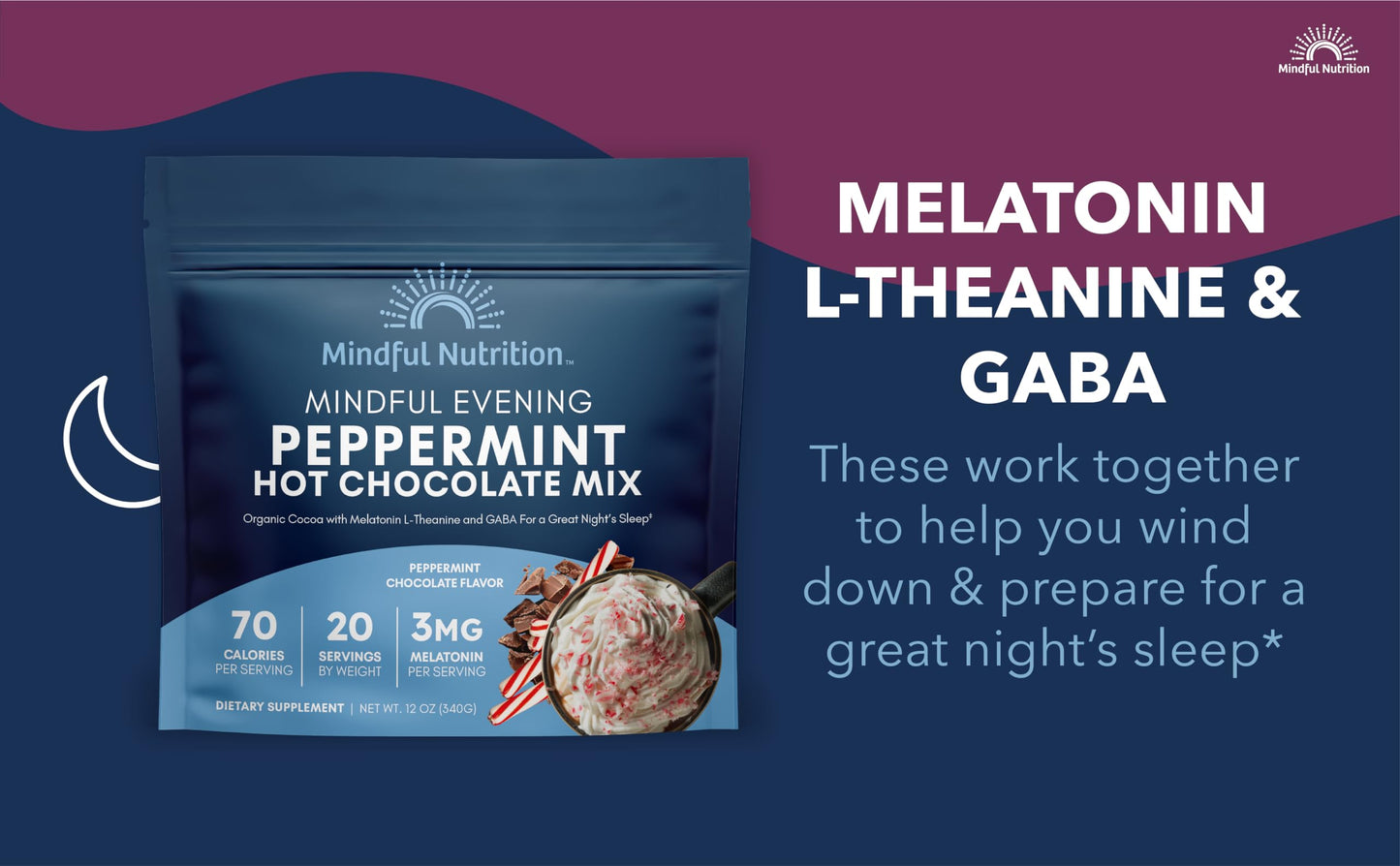 Mindful Nutrition Peppermint Cocoa Mix - Natural Sleep Aid with Melatonin, L-Theanine & GABA, 12 Ounce Pack