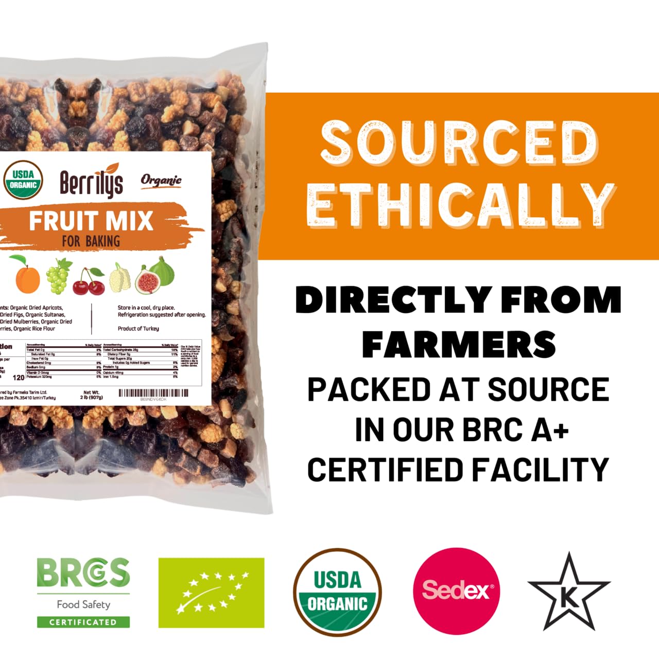 Berrilys Dried Fruit Mix, 2 Lbs, Organic, Diced Figs, Diced Apricots, White Mulberries, Sultanas, Sour Cherries, No Sugar Added,