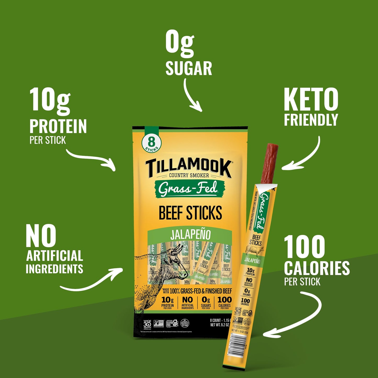Tillamook Country Smoker 100% Grass Fed Beef Sticks  Zero Sugar  Jalapeno  1.15 Ounce (Pack of 8) Whole 30  Non GMO Clean Meat Snacks  Low Carb  High Protein  Gluten Free  Individually Wrapped
