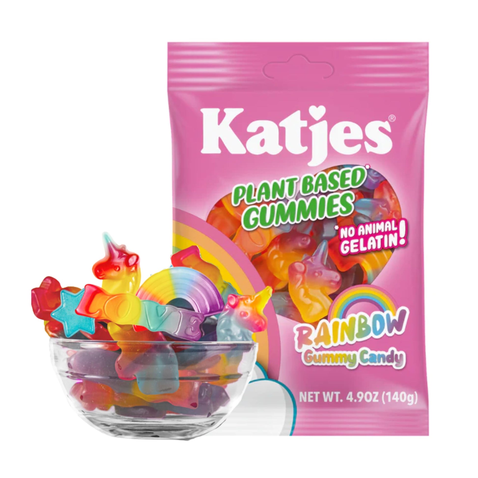 Katjes Rainbow Gummy Candy - Cherry, Strawberry, Blueberry & Orange Flavors - Palm Oil Free - 4.9oz Resealable Bag - No Gelatin