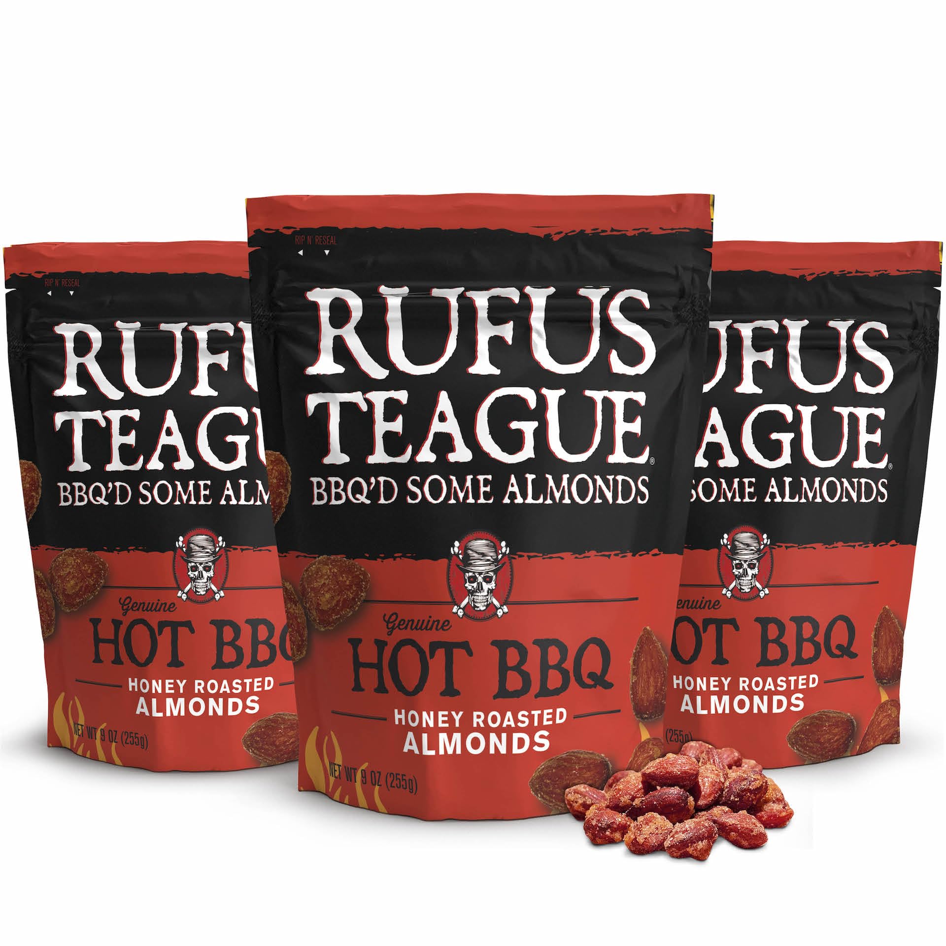 Rufus Teague Hot BBQ Honey Roasted Almonds - Sweet, Spicy & Smoky Gourmet Snacks, 9 oz Resealable Pouch for Freshness, 3 Pack