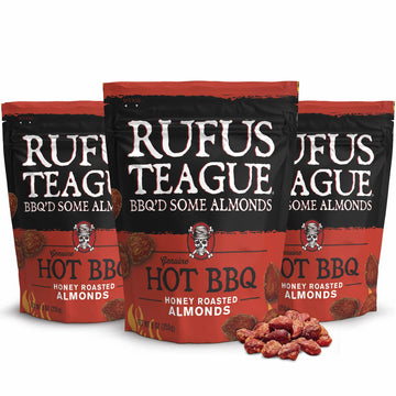 Rufus Teague Hot BBQ Honey Roasted Almonds - Sweet, Spicy & Smoky Gourmet Snacks, 9 oz Resealable Pouch for Freshness, 3 Pack
