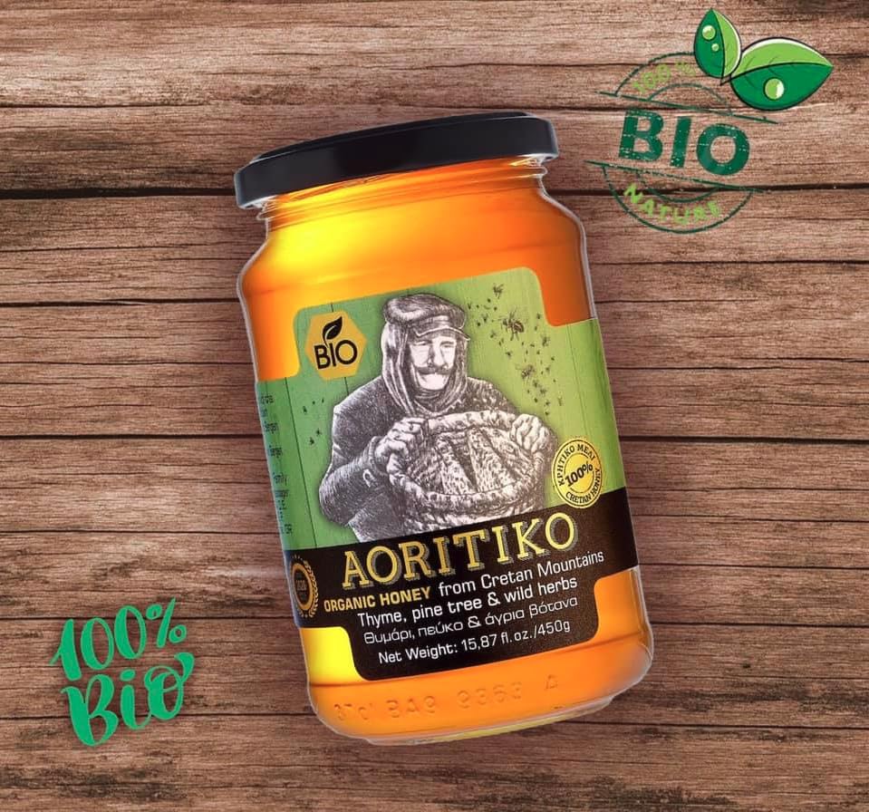 Aoritiko Organic Pure Cretan Mountain Honey | Organic Greek Honey | 100% Natural, Wildflower & Herb-Infused, Rich Aromatic Flavo