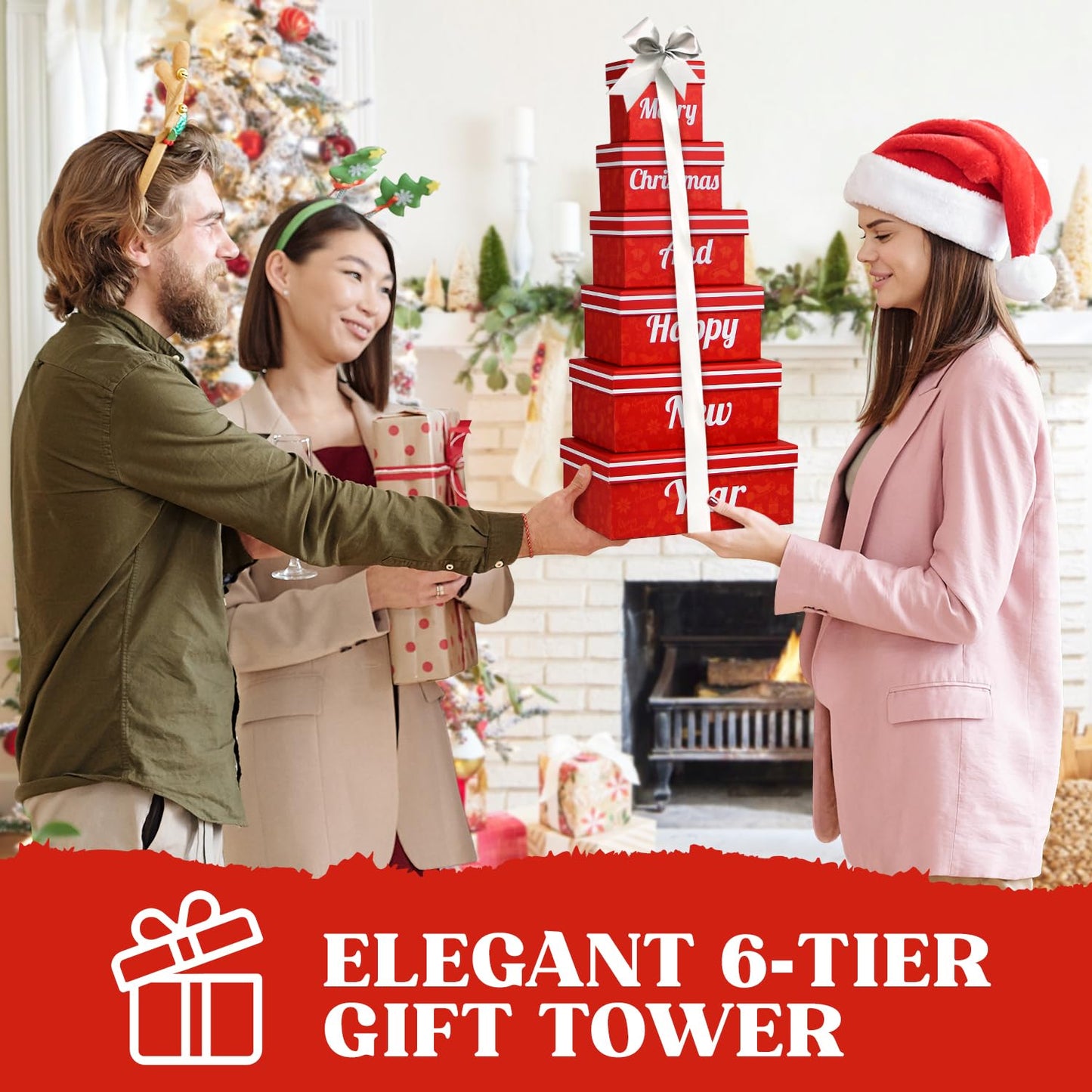 Merry Christmas And Happy New Year 6 Tier Indulgence Gift Basket Tower With Dried Fruits & Nuts - Gourmet Food Present For Men &
