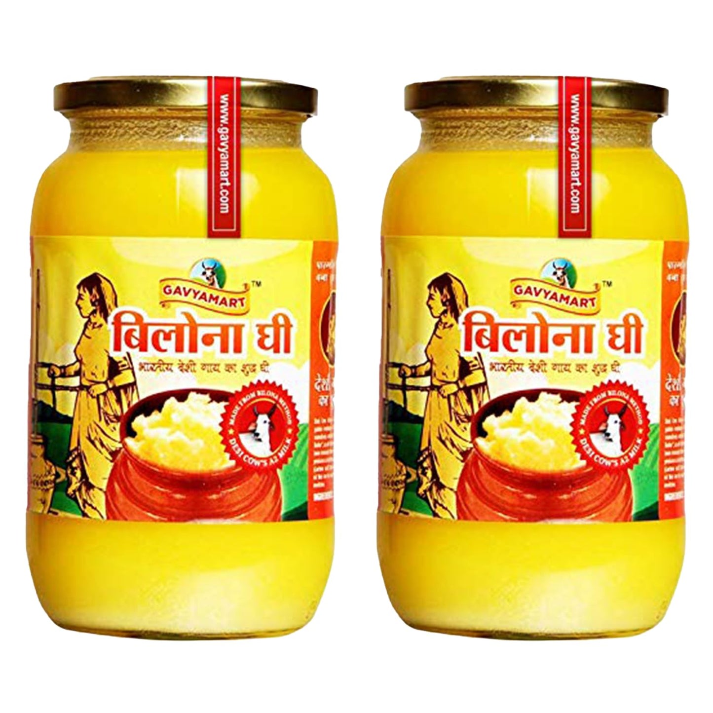 GAVYAMART Bilona Ghee 100% Pure Desi Kankrej Cow Ghee-Made Using Traditional Bilona Method 1 L- Glass Jar Pack (2 * 1 Liter)