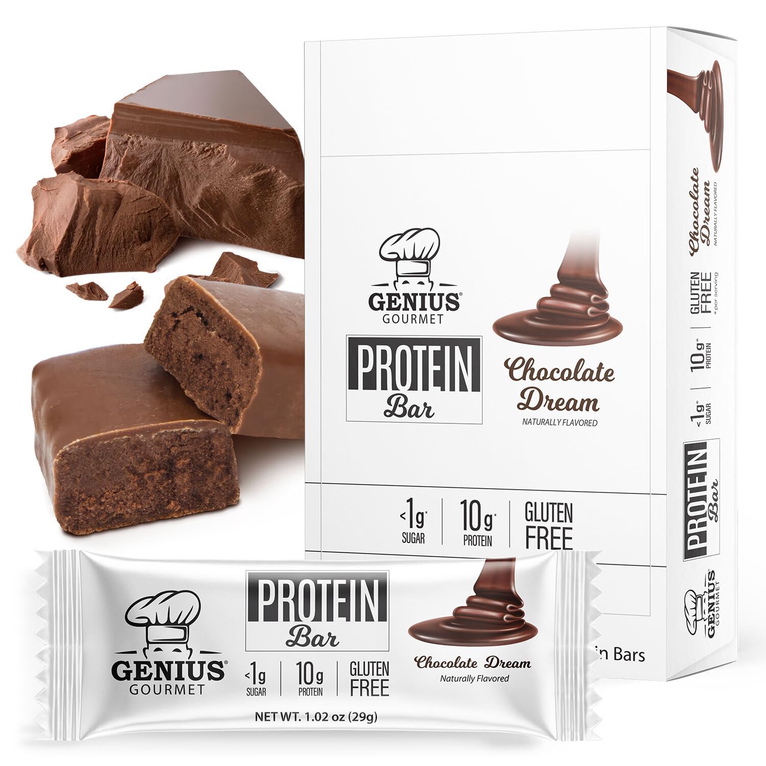 Genius Gourmet Protein Bar, Chocolate Dream, Keto Snack, Low Carb, Low Sugar & Gluten Free, Protein Snacks For Adults, 10G Of Wh