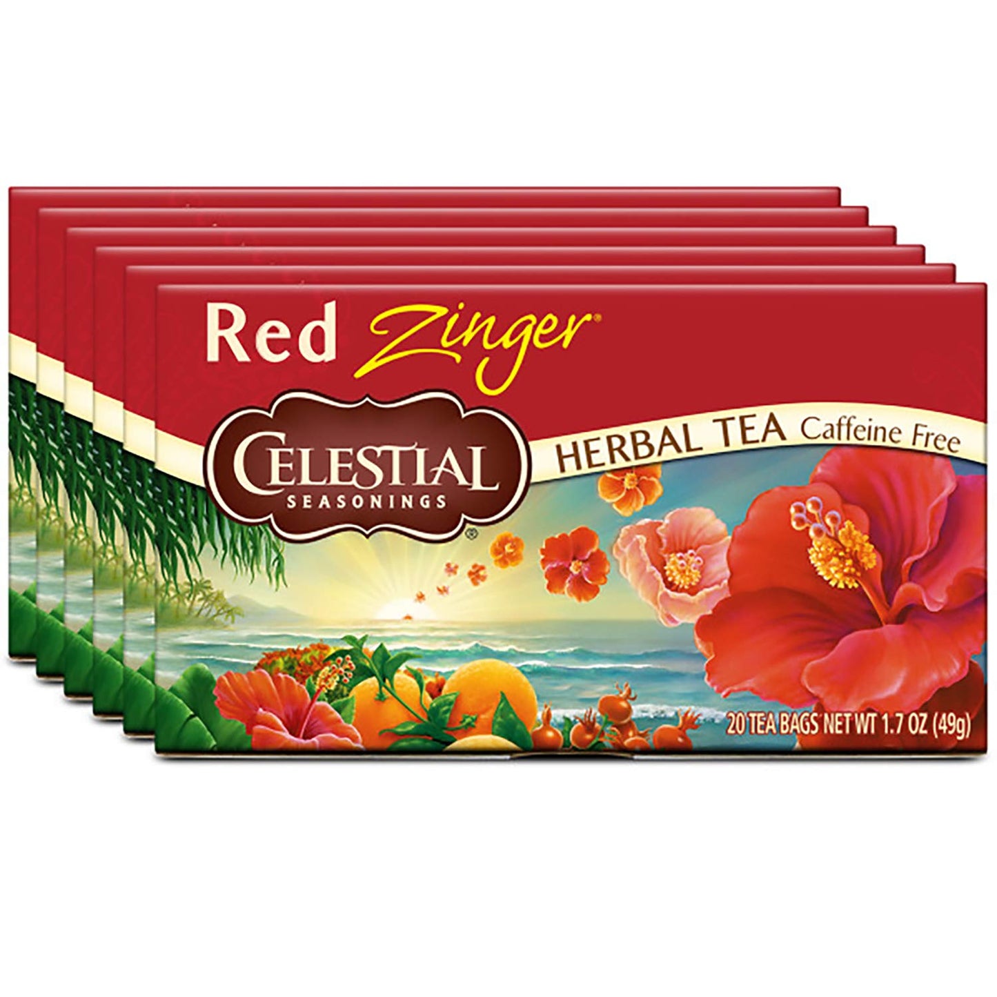 Celestial Seasonings Hibiscus Tea, Red Zinger Herbal Tea, Caffeine Free, 20 Tea Bags (Pack Of 6)